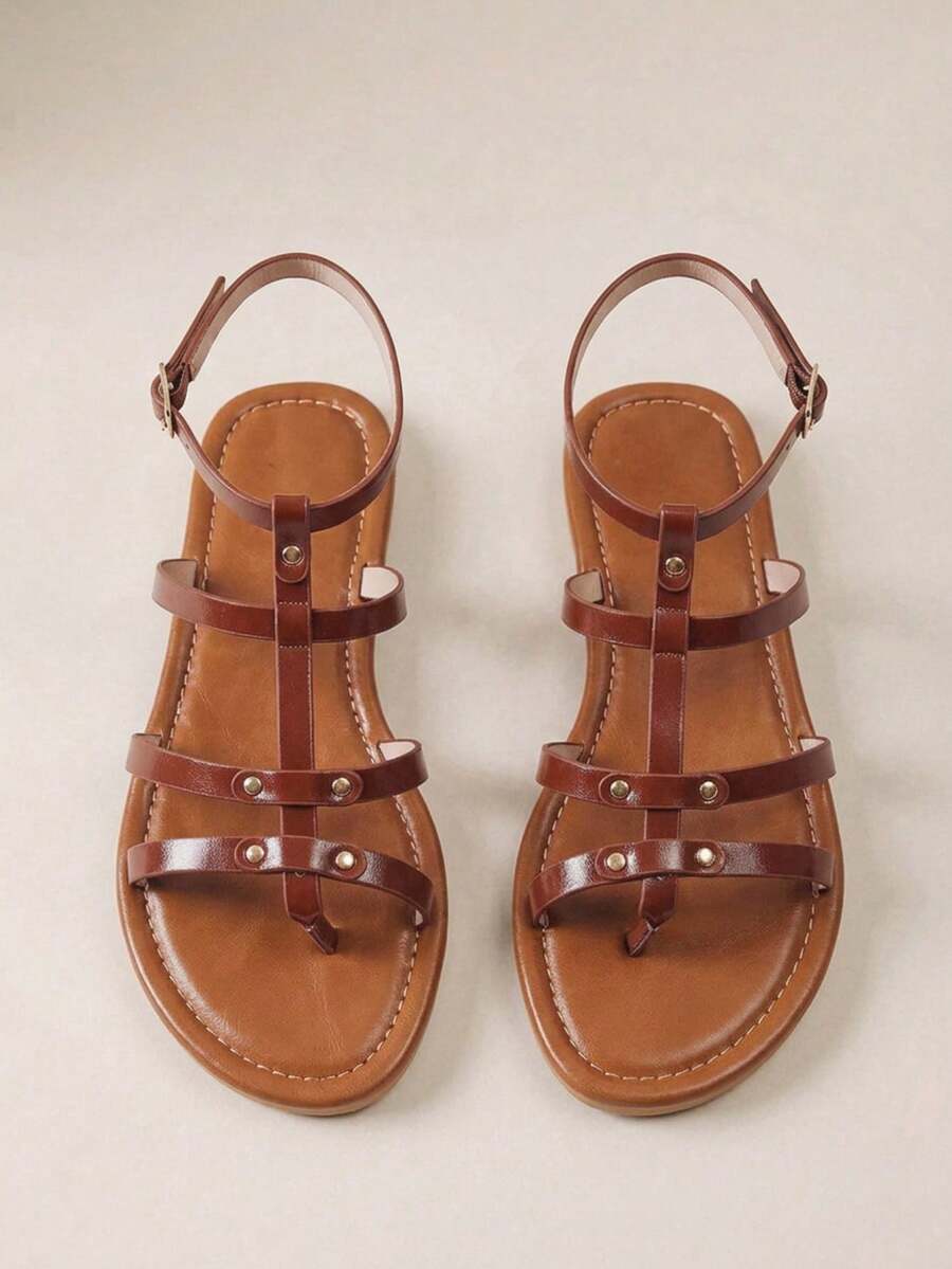 HighSole 女士简约时尚心形装饰人字拖,金属色夏季户外沙滩平底凉鞋 - 棕色 - 查看 1