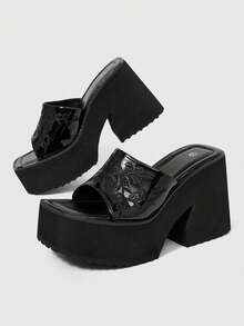 ROMWE Women's Fashionable And Casual Platform Wedge Sandals, Punk-Style Gothic Elegance With Glossy Floral Embroidery. - Black - View 5