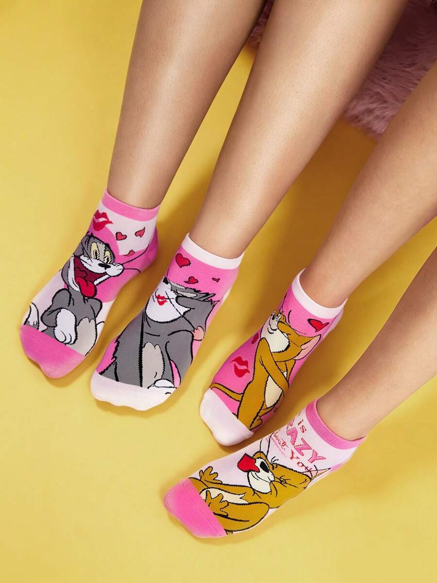 TOM & JERRY X SHEIN 2 双粉色浪漫爱心短袜,白天 - 彩色 - 查看 1