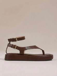 HighSole 女款舒適休閒厚底綁帶方頭夏季日常通勤極簡風駱駝色夾腳厚底涼鞋 - 咖啡棕色PU - 查看 2