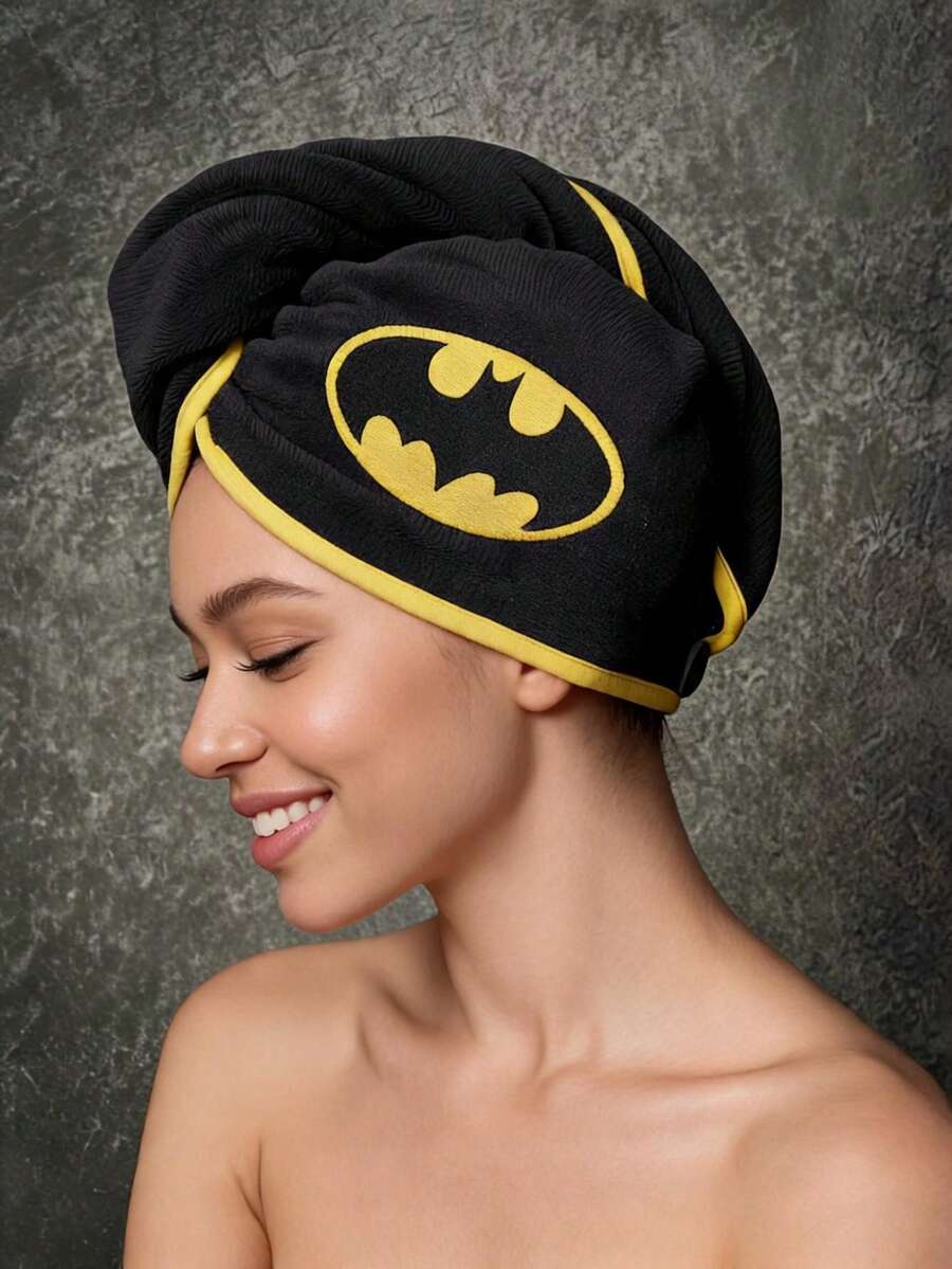 BATMAN X POKOJA LAND 1pc Logo Embroidered Pattern Coral Fleece Dry Hair Cap, Soft And Plush, Washable Water-Washed Material, Suitable For Both Men And Women, Cute Cartoon Style, Ideal For After-Shower Use, Home Hair Care, Travel, Spa, Also A Fun Gift For Fans - Black - View 1