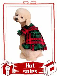 PETSIN 1pc Christmas Pet Red & Green Plaid Puff Sleeve Dress - Multicolor - View 7
