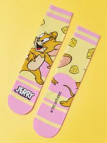 TOM & JERRY X SHEIN 2 双柔软透气吸湿排汗休闲情侣中筒袜，卡通条纹图案，时尚可爱，灰色和粉色中筒袜，加固脚趾和脚跟，经久耐用，男女通用，四季百搭 - 彩色 - 查看 10