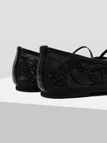 MOTF LADIES ELEGANT LACE EMBROIDERED FAUX PEARL DECORATIVE FLATS, COMFORTABLE AND BREATHABLE ADJUSTABLE BUCKLE STRAPS, DAILY VERSATILE SHOES - Black - View 5