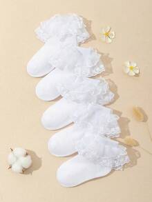 SHEIN 5雙兒童棉製中大童蕾絲公主風蕾絲襪 - 白色 - 查看 7