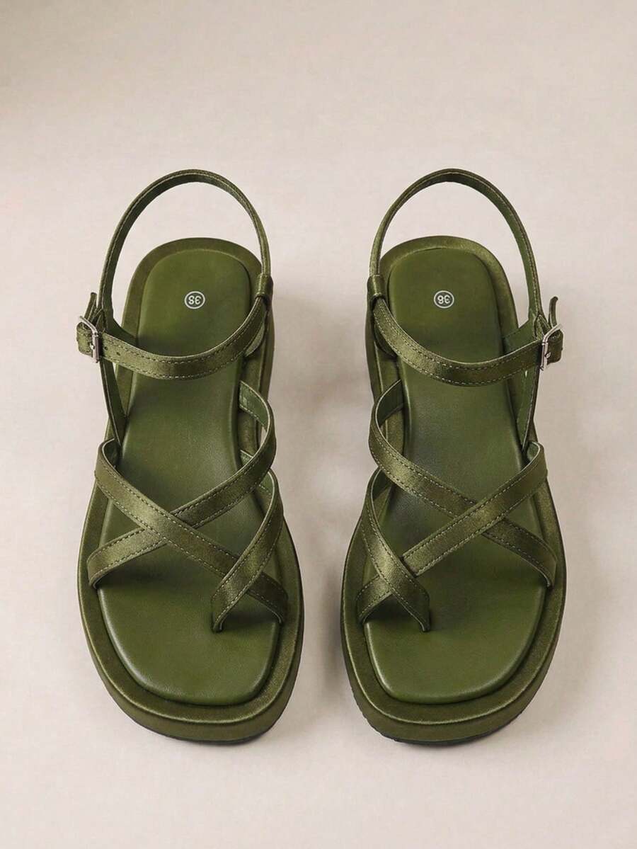 HighSole Spring And Summer New Multi-Belt Cross Back Buckle Design Open Platform Simple Versatile Wind Green Women's Sandals Daily Commuting Shopping Wear - Dark Green - View 1