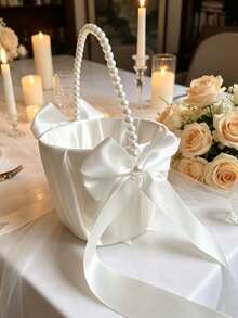 2Pcs Wedding Flower Girl Baskets, Satin Flower Basket With Cute Pearl Handle & Bowknot, Wedding Ceremony Decor Supplies, Ivory Color - Pearl Bow Flower Basket - View 6