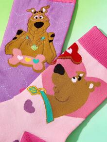 SCOOBY-DOO X SHEIN 2 Pairs Romantic Women's Heart Pattern Crew Socks,Valentine's Day - Multicolor - View 6