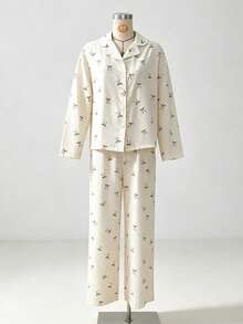 Cirelle 2 Pieces Long-Sleeved Sleepwear Set With Square Bow Printing, Lapel, And Button-Up Design For Casual Home Wear - White - View 4