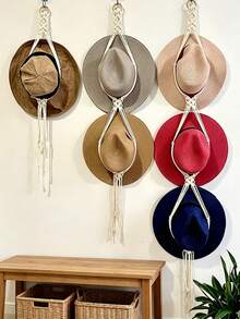 Boho Hat Hanger Cowboy Hat Rack With Tassel Modern Cap Display Hanging Organizer Hand Woven Baseball Cowboy Boho Hat Holder Wall Mount Farmhouse Decor Straw Hat Organizer Housewarming Gift Home Decor Storage Rustic Chic - Beige - View 11