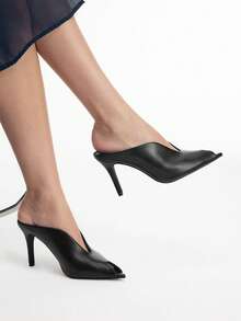 Mnmlis Black Lychee Pattern High-Heeled Mules Women's V-Cut Peep Toe Thin-Heeled, Commuting Dating Elegant Sandals Fall Shoes - Black - View 11