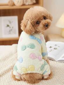 PETSIN 1pc Pet Dog/Cat Apricot Fleece Warm Jumpsuit With Bow & Graphic Print, Flannel Fabric - Multicolor - View 1