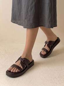 HighSole Double Metal Buckle Design Thick Bottom Casual Simple Comfortable Cool Slippers Holiday Beach - Coffee Brown - View 3