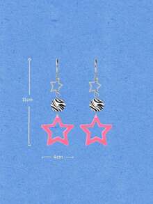 Popjeli 1 Pair Women's Y2K Dopamine Star Dangle Earrings, Bright Pink Hollow Star Zebra Stripe Square Hoop Ear Drops, Cool Earrings, Suitable For Daily Wear And Party - Multicolor - View 9