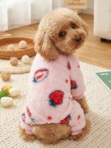 PETSIN 1pc Pet Dog/Cat Universal Pink Fleece Strawberry Print Jumpsuit, Warm - Multicolor - View 3