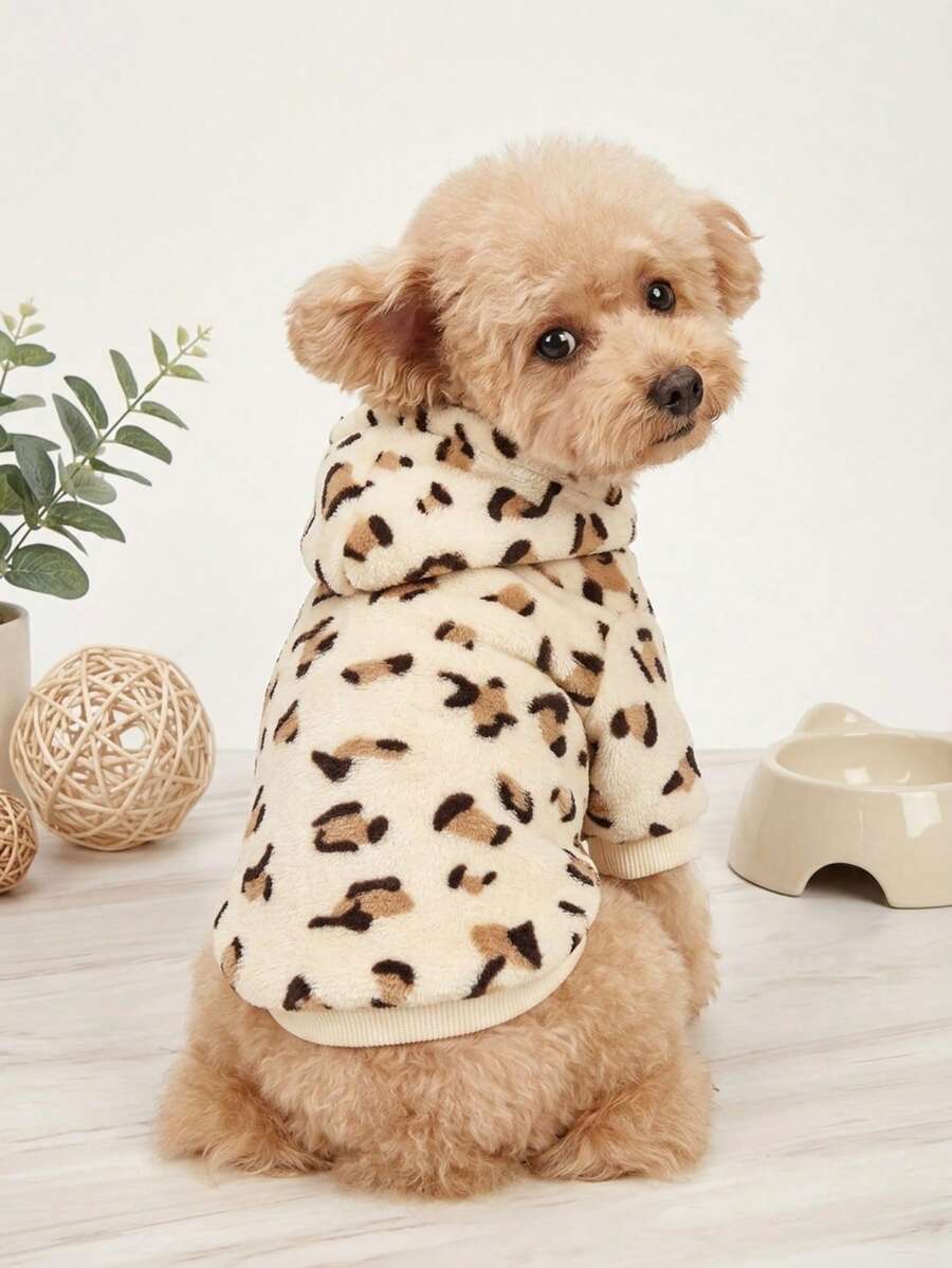 PETSIN 1pc Pet Leopard Print Plush Lined Warm Hoodie For Cats & Dogs, Autumn/Winter - Multicolor - View 1