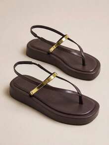 HighSole Ladies Comfortable Casual Platform Strap Square Toe Summer Daily Commuter Minimalist Coffee Thong Ladies Platform Sandals - Coffee Brown - View 5