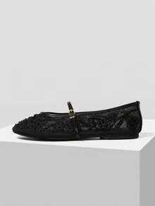 MOTF LADIES ELEGANT LACE EMBROIDERED FAUX PEARL DECORATIVE FLATS, COMFORTABLE AND BREATHABLE ADJUSTABLE BUCKLE STRAPS, DAILY VERSATILE SHOES - Black - View 2
