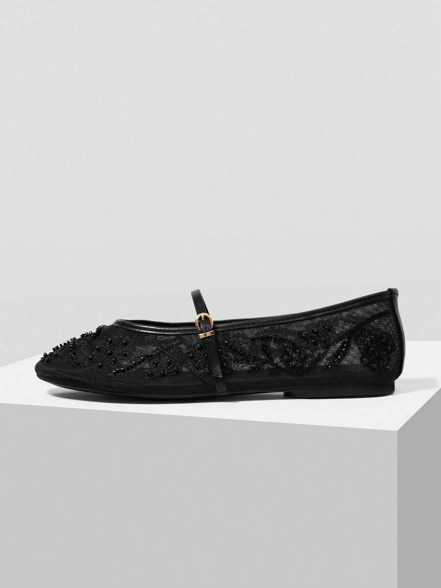 MOTF LADIES ELEGANT LACE EMBROIDERED FAUX PEARL DECORATIVE FLATS, COMFORTABLE AND BREATHABLE ADJUSTABLE BUCKLE STRAPS, DAILY VERSATILE SHOES - Black - View 2