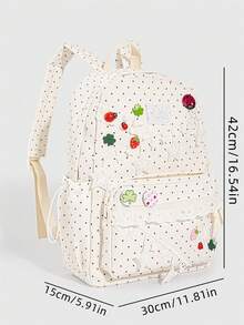 ROMWE Kawaii 1 chiếc ba lô Y2K họa tiết chấm bi ngọt ngào, cặp sách học sinh có huy hiệu nốt nhạc ngôi sao và bèo ren, dùng cho đi học và du lịch - Màu vàng nhạt - Xem 2