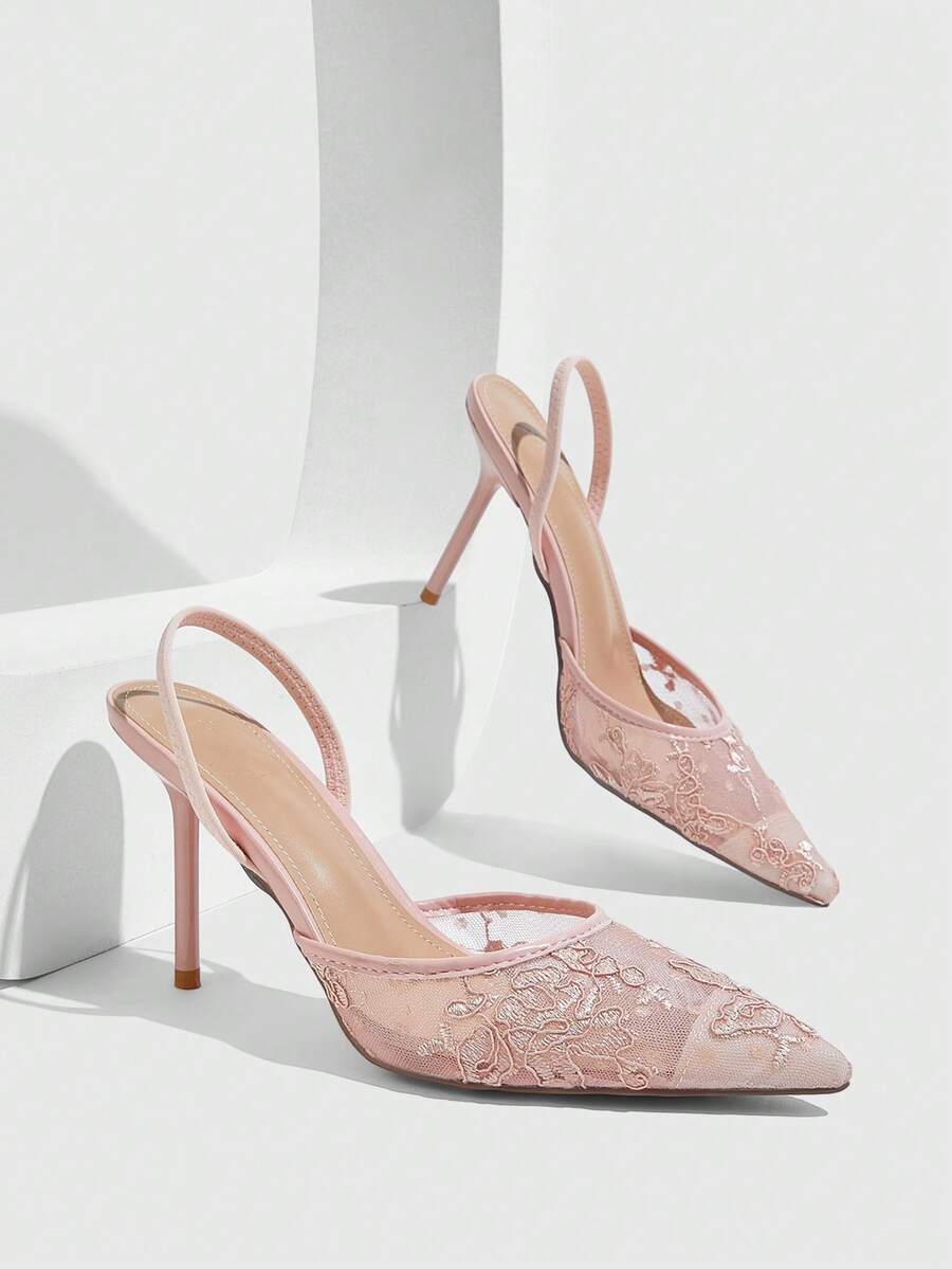 CUCCOO SZL Ladies Pointed Round Mouth Lace Surface. Cone Lacquered Heel. Elastic Rear Strap Empty Shoes. Four Seasons Festival Commuter Women's Shoes Fall Shoes - Pink - View 1