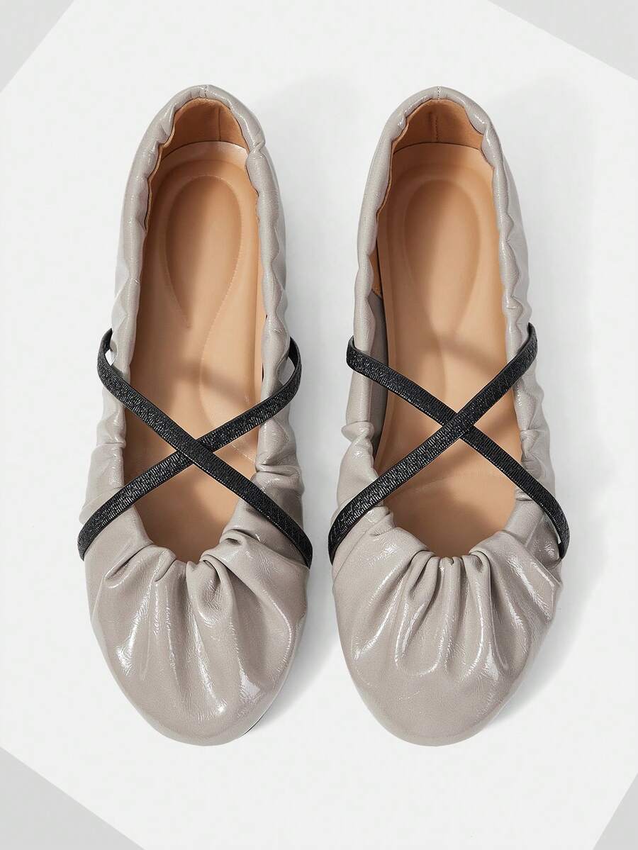 Mnmlis Women's Soft Leather Round Toe Flat-Soled Shoes, Cross-Strap Pleated Insole Embossed Design, Gentle Style Commuting Daily Versatile - Grey - View 1