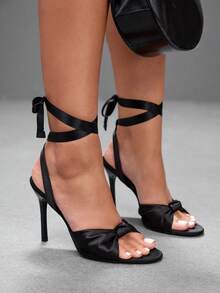CUCCOO SZL Sandal cao gót quai nơ satin đen, mẫu công sở đi làm - màu đen - Xem 5