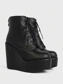 Sugerpunk Sepatu Bot Ankle Platform Wedge Retro Gaya Punk Musim Semi/Gugur untuk Wanita – Tekstur Butiran Leci Gotik, Bertali & Penutup Resleting Belakang - Hitam - View 2