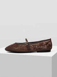 MOTF LADIES ELEGANT LACE EMBROIDERED FAUX PEARL DECORATIVE FLATS, COMFORTABLE AND BREATHABLE ADJUSTABLE BUCKLE STRAPS, DAILY VERSATILE SHOES - dark brown - View 2