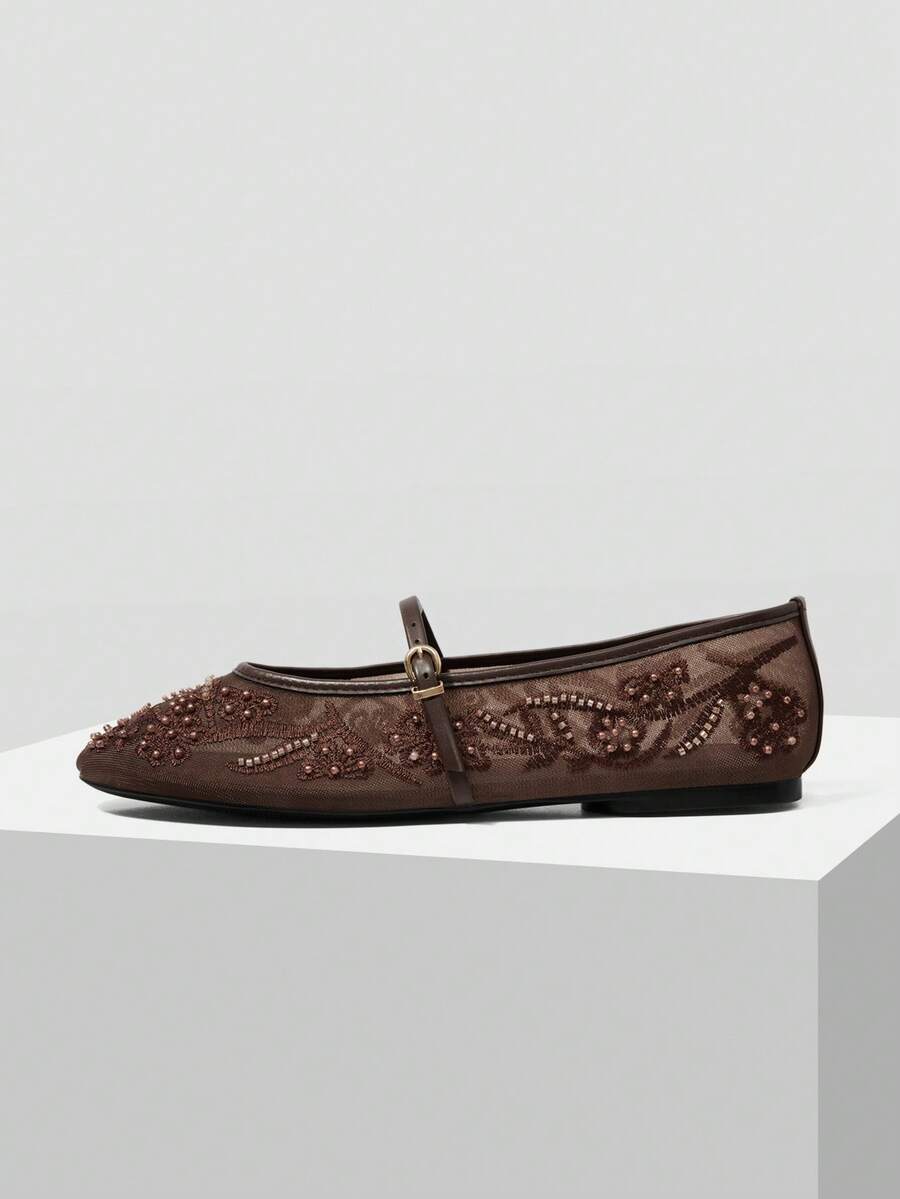 MOTF LADIES ELEGANT LACE EMBROIDERED FAUX PEARL DECORATIVE FLATS, COMFORTABLE AND BREATHABLE ADJUSTABLE BUCKLE STRAPS, DAILY VERSATILE SHOES - dark brown - View 2
