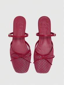 CUCCOO BIZCHIC New Women's Popular Summer Fashion Elegant Splicing Breathable Mesh Bow Decoration, Slip-On Square Top Flat Bottom With Adjustable Buckle Fall Shoes - Red - View 1