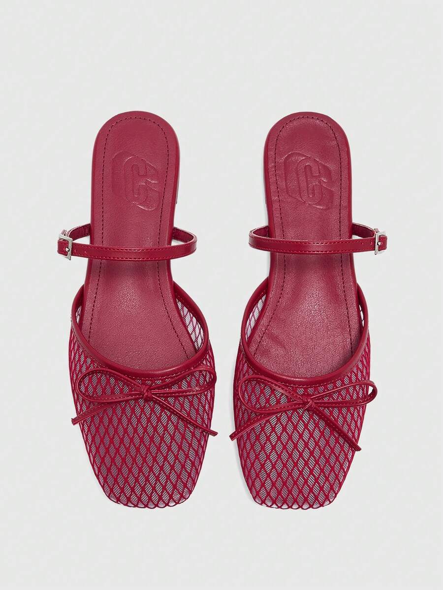 CUCCOO BIZCHIC New Women's Popular Summer Fashion Elegant Splicing Breathable Mesh Bow Decoration, Slip-On Square Top Flat Bottom With Adjustable Buckle Fall Shoes - Red - View 1