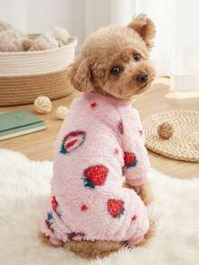 PETSIN 1pc Pet Dog/Cat Universal Pink Fleece Strawberry Print Jumpsuit, Warm - Multicolor - View 1