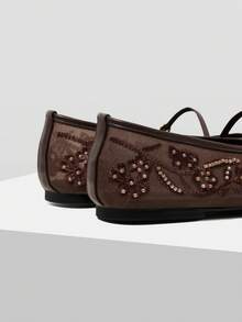 MOTF LADIES ELEGANT LACE EMBROIDERED FAUX PEARL DECORATIVE FLATS, COMFORTABLE AND BREATHABLE ADJUSTABLE BUCKLE STRAPS, DAILY VERSATILE SHOES - dark brown - View 5