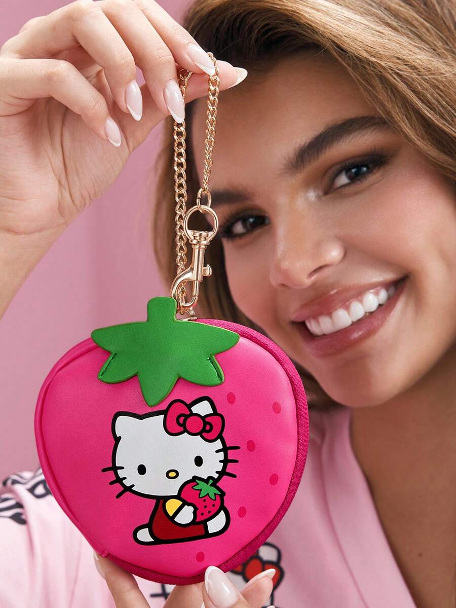 HELLO KITTY AND FRIENDS | SHEIN Cartoon Cat Strawberry Shaped Coin Purse With Fixed Keychain Chain, Small Wallet For Coins, Earbuds & Tiny Accessories, Designed To Hang On Handbags - Rose Red - View 1
