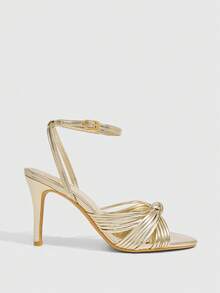 CUCCOO SZL Light Luxury Gold Multi-Strap Kink Sandals, Buckle Rear Thin Heel Fashion Women's Shoes - Gold - View 2