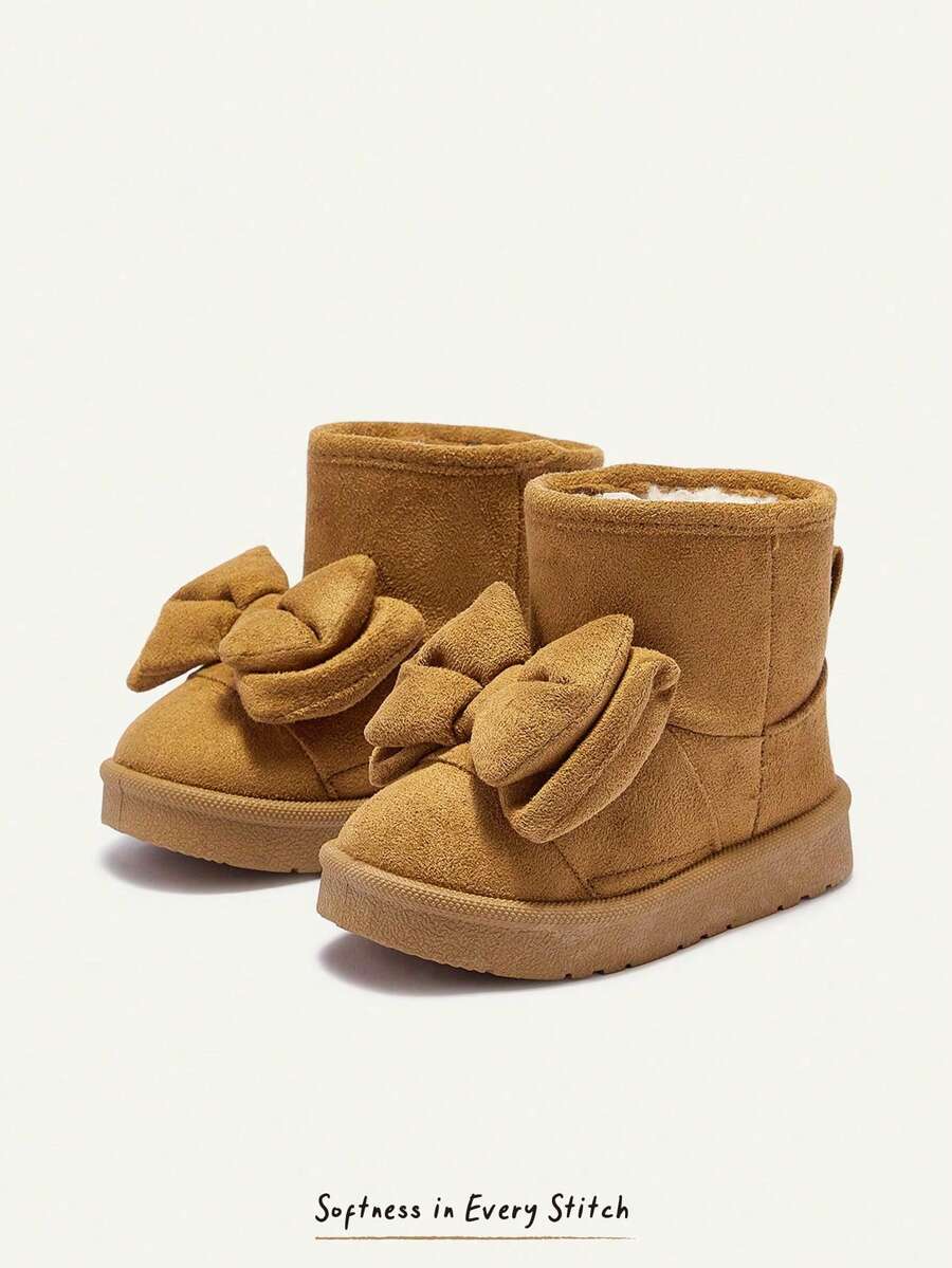Cozy Pixies Girls Camel Cute Simple Bow Decor Round Toe Flat Comfortable Casual Slip-On High-Top Fleece Lined Warm Winter Snow Boots - Camel - View 1