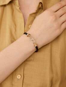 MOTF PREMIUM Pre Gold Stone Splicing Black PU Leather Exquisite Bracelet - Black - View 2