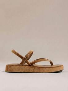 HighSole 簡約露趾休閒風厚底涼鞋，適合旅行與度假日常穿著 - 韓國絨卡其色 - 查看 2