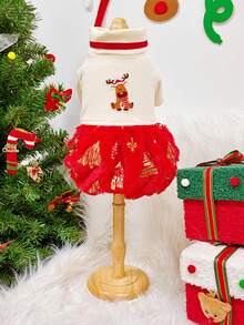 PETSIN Christmas Pet Dog Dress Reindeer Embroidery Red Fuzzy Skirt Winter Warm Xmas Holiday Outfit For Small Puppy Cat - White - View 5