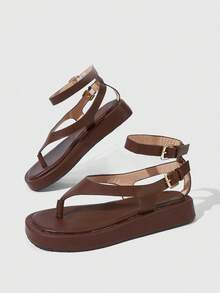HighSole 女款舒適休閒厚底綁帶方頭夏季日常通勤極簡風駱駝色夾腳厚底涼鞋 - 咖啡棕色PU - 查看 9