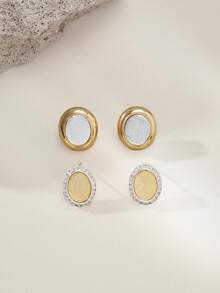 Opalesca Two Styles Of Oval Glitter Stud Earrings, Gold/Silver Frame, Shiny Egg Surface, Minimalist Daily Earrings - color matching - View 3