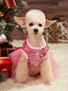 PETSIN Christmas Sparkly Pink Glitter Princess Mesh Tutu Skirt, For Dogs & Cats Party Wear, Fluffy & Shiny - Pink - View 6