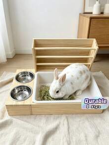 3合1木製小型寵物乾草餵食架，多功能乾草架結合貓砂盆與食碗，木製餵食站，適用於兔子、天竺鼠與龍貓的棲息地配件 - 查看 1
