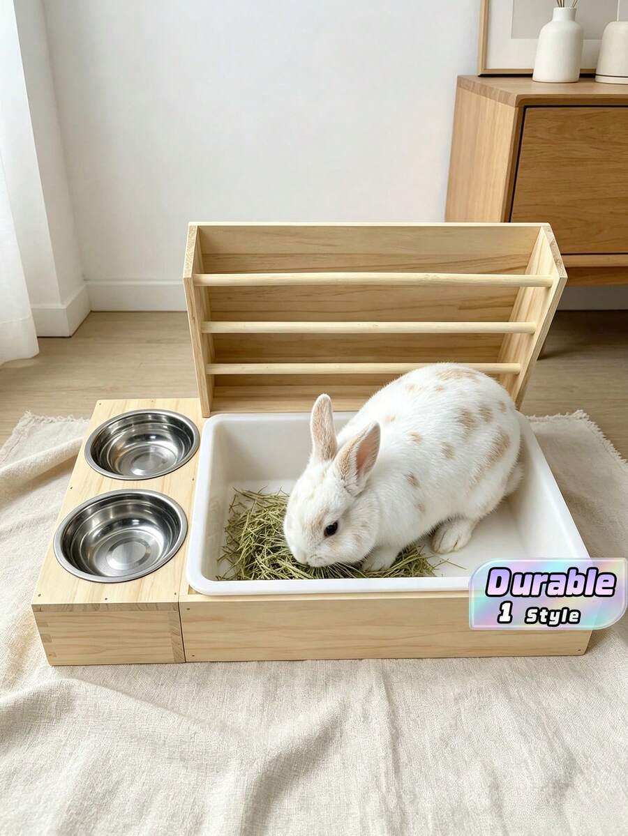 3合1木製小型寵物乾草餵食架，多功能乾草架結合貓砂盆與食碗，木製餵食站，適用於兔子、天竺鼠與龍貓的棲息地配件 - 查看 1