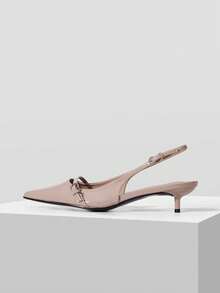 Mnmlis Naked Pink Bright Patent Leather Rear Empty High-Heeled Sandals Women's, Front Stilettos Metal Buckle Pointed Thin Heel Gentle Dating Shoe - Naked pink - View 1