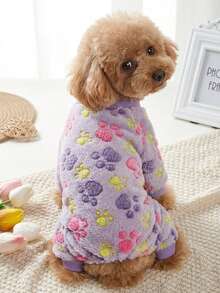 PETSIN 1pc Pet Paw Print Fleece Pet Jumpsuit, Soft, Comfortable, Warm, And Anti Shedding Pet Clothing - Multicolor - View 6