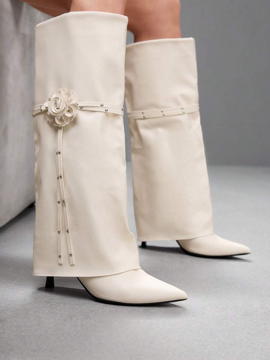 CUCCOO SZL Camellia Belt High Boots Women's Autumn And Winter Pointed Heel Fine Heel Rivet Fringe Loose Tube But Knee Boots Fall Boots - Off-white - View 1