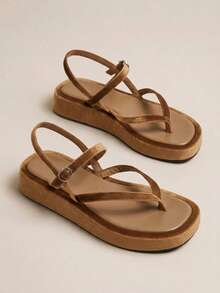 HighSole 簡約露趾休閒風厚底涼鞋，適合旅行與度假日常穿著 - 韓國絨卡其色 - 查看 7