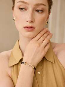 MOTF PREMIUM Pre Gold Stone Splicing Black PU Leather Exquisite Bracelet - Black - View 4